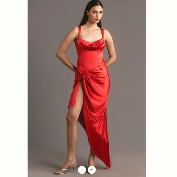 For Love & Lemons Anisa Asymmetrical Fringe Midi Dress - Picture 1 of 7